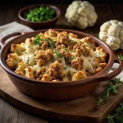 Cauliflower mac and cheese topped with ground turkey crumble