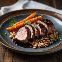 Balsamic glazed pork tenderloin with roasted carrots and farro on a plate