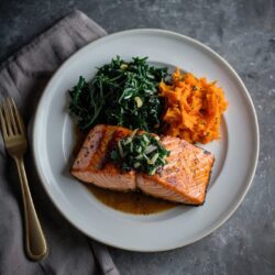BBQ spiced salmon fillet with mashed sweet potatoes and kale slaw