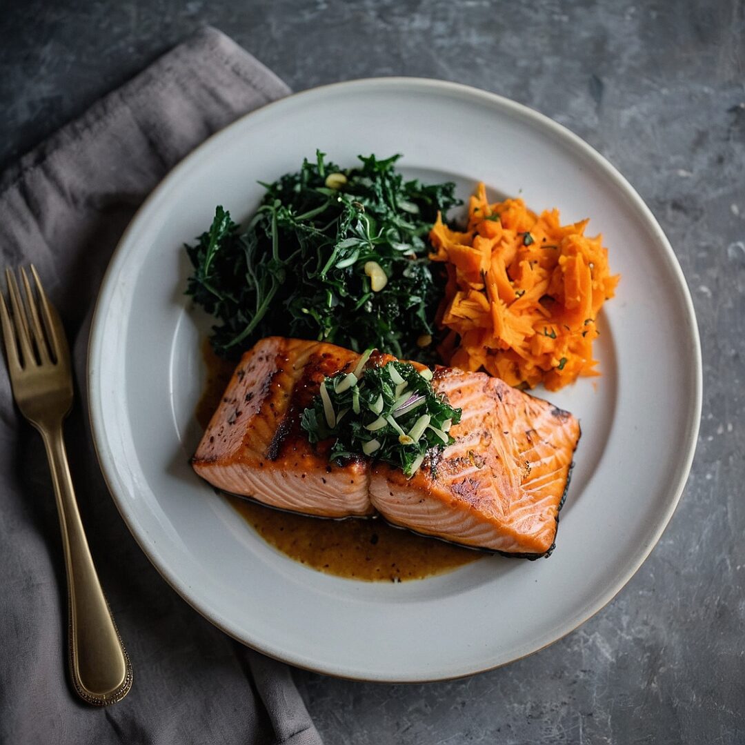 BBQ spiced salmon fillet with mashed sweet potatoes and kale slaw