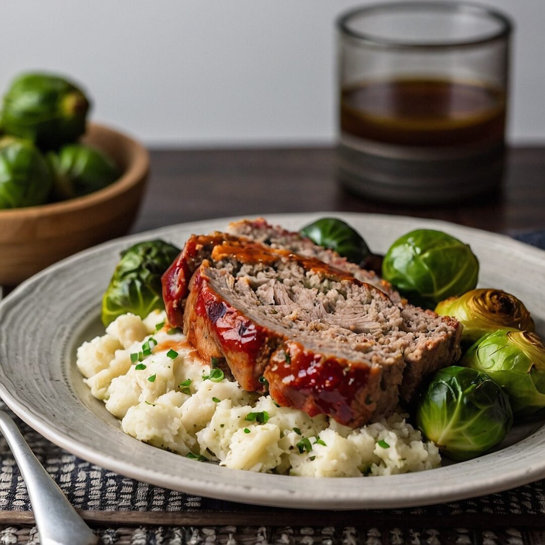Turkey meatloaf slices with cauliflower mash and roasted Brussels sprouts