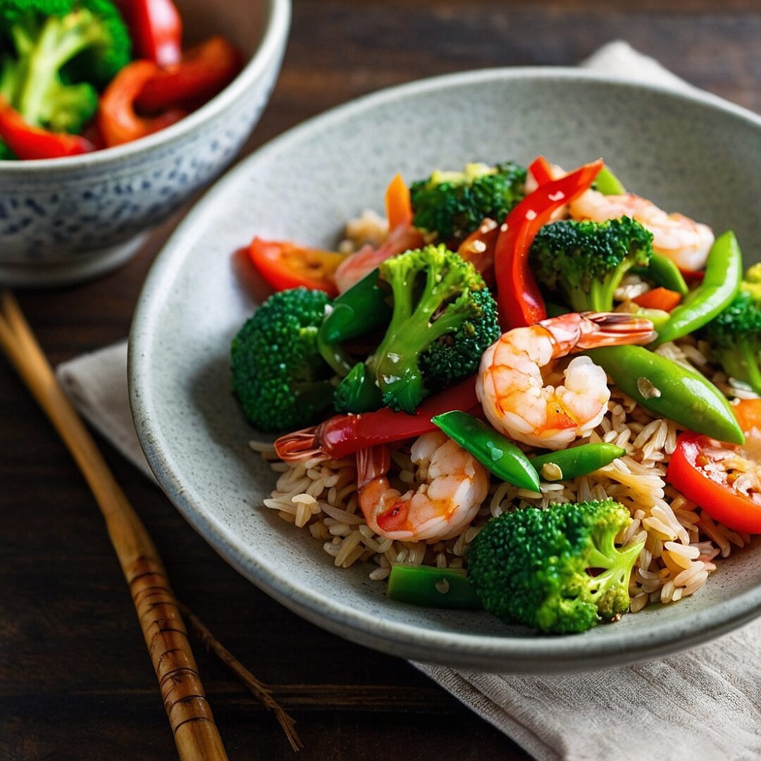 Shrimp and vegetable stir-fry over brown rice without soy sauce