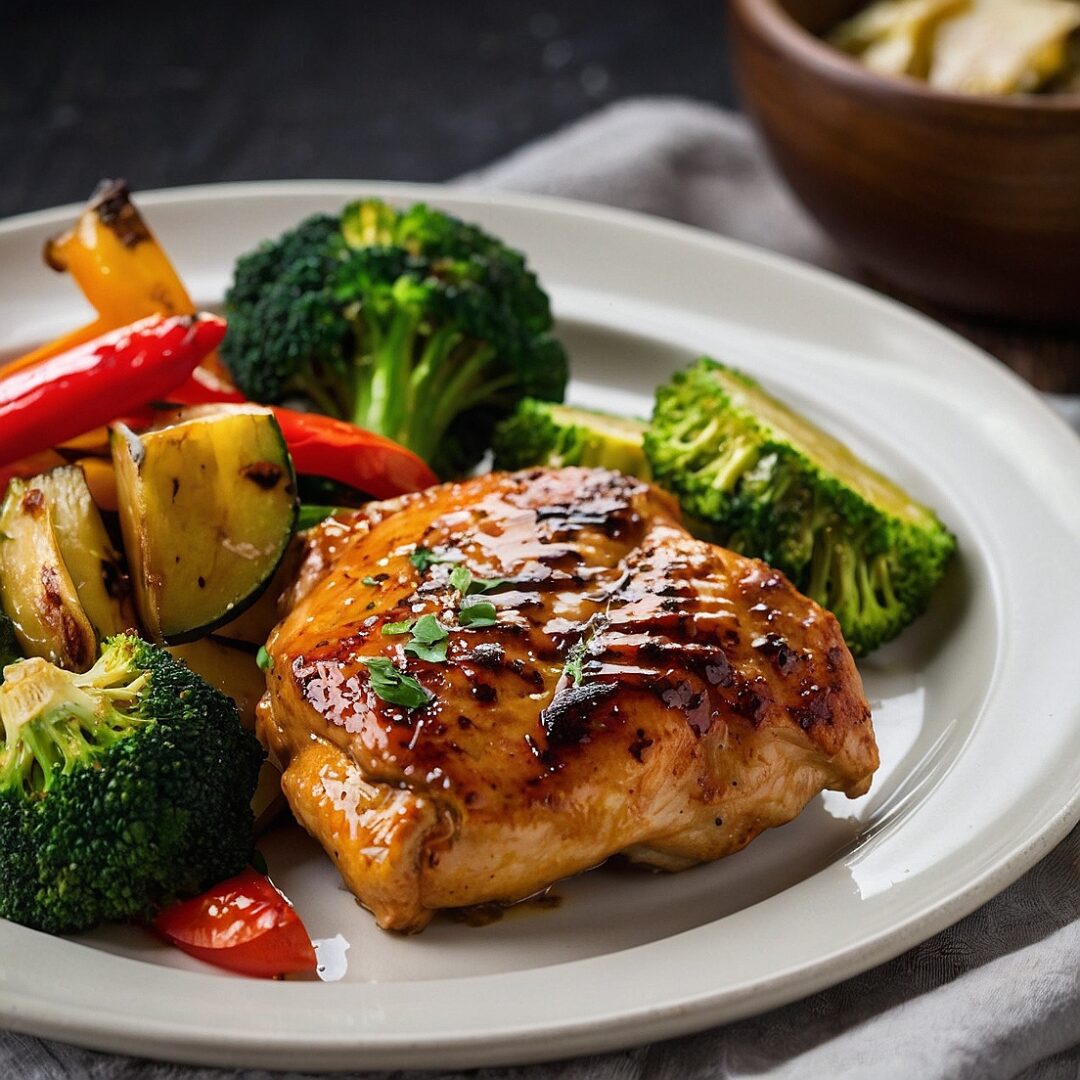 Garlic butter chicken thighs with roasted vegetables in a skillet