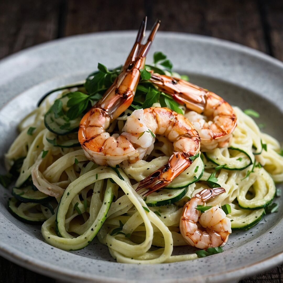 Zucchini noodle Alfredo topped with grilled shrimp on a white plate
