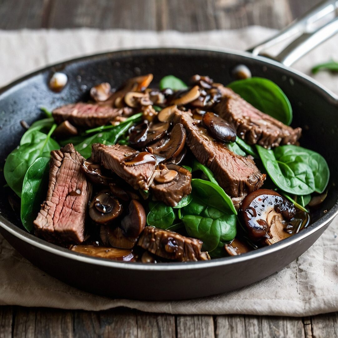 Balsamic glazed beef strips with mushrooms and spinach in a skillet
