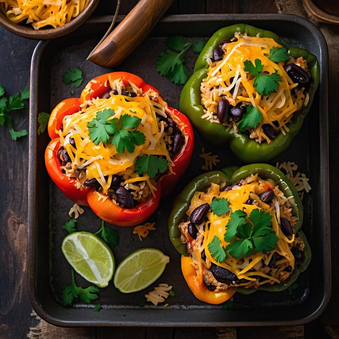 Tex-Mex stuffed peppers with turkey and black beans topped with melted cheese