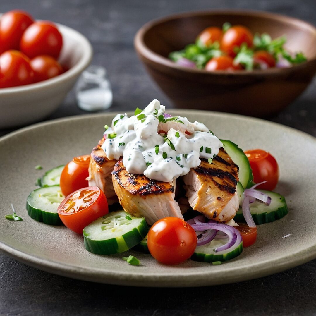 Greek chicken bowls with cucumber tomato salad and tzatziki sauce