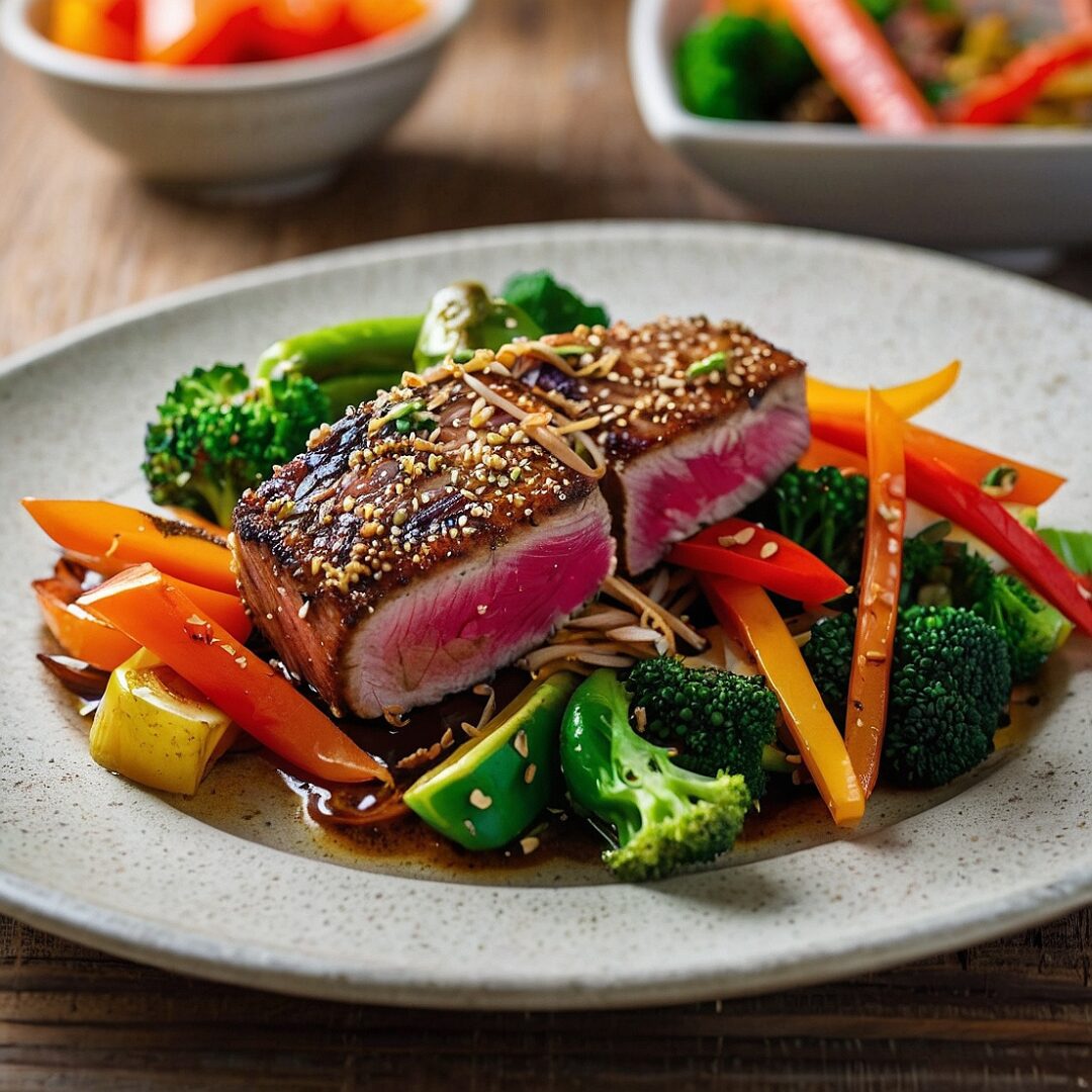 Sesame-crusted seared ahi tuna slices over ginger vegetable stir-fry