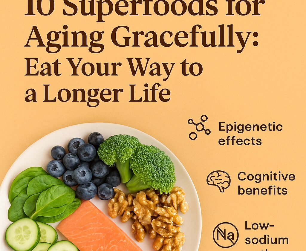 Colorful digital graphic showing the top 10 superfoods for aging gracefully including kale, salmon, blueberries, and dark chocolate