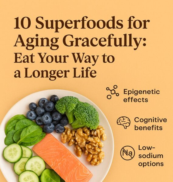 Colorful digital graphic showing the top 10 superfoods for aging gracefully including kale, salmon, blueberries, and dark chocolate
