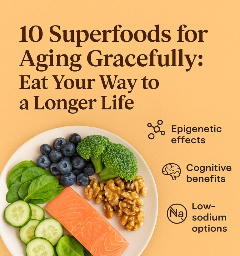 Colorful digital graphic showing the top 10 superfoods for aging gracefully including kale, salmon, blueberries, and dark chocolate