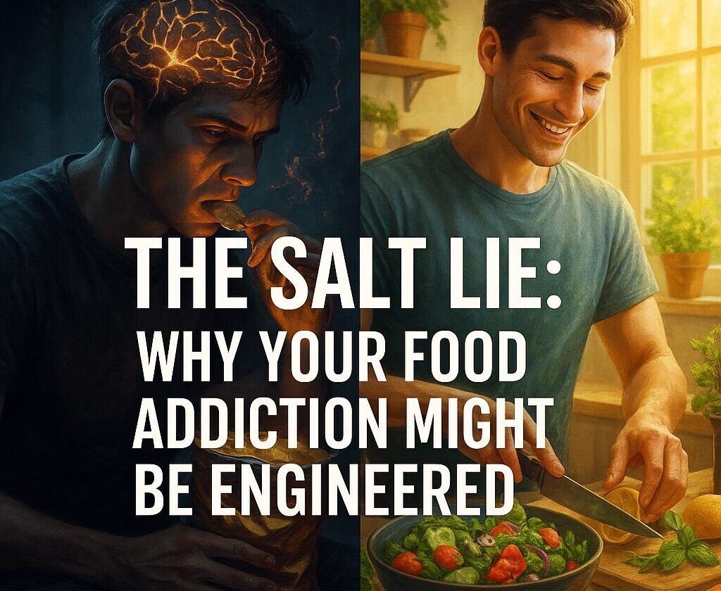 Split-screen image of a man with glowing brain chemistry eating chips on one side, and the same man smiling while preparing a fresh salad on the other, illustrating the manipulation of food cravings by salt.