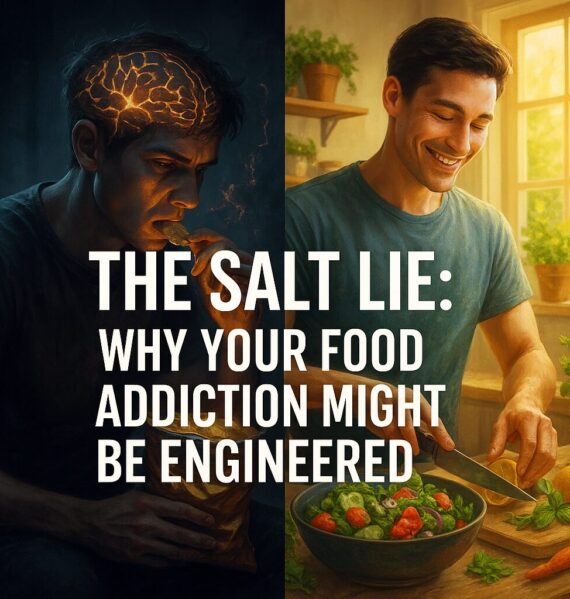Split-screen image of a man with glowing brain chemistry eating chips on one side, and the same man smiling while preparing a fresh salad on the other, illustrating the manipulation of food cravings by salt.