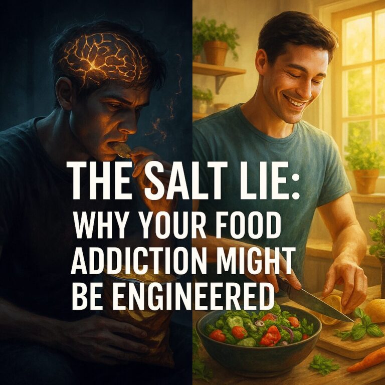 Split-screen image of a man with glowing brain chemistry eating chips on one side, and the same man smiling while preparing a fresh salad on the other, illustrating the manipulation of food cravings by salt.