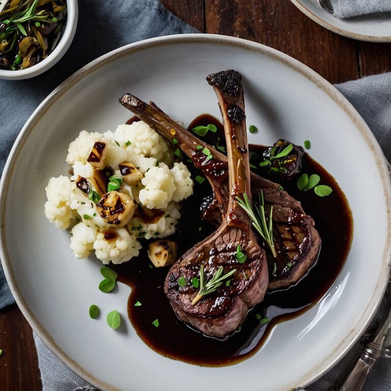 Seared lamb chops drizzled with rosemary-balsamic glaze served over creamy cauliflower mash