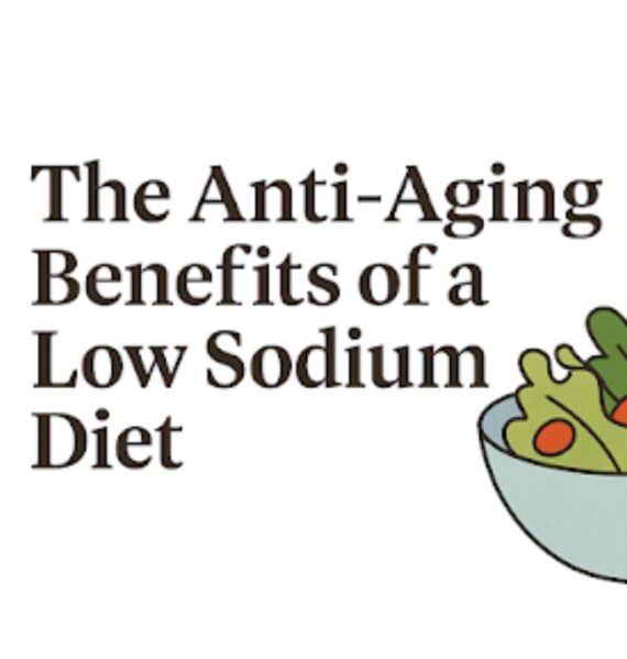A digital graphic with the headline “The Anti-Aging Benefits of Low Sodium,” highlighting how a low-sodium diet supports skin, brain, and heart health.