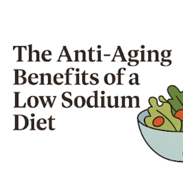 A digital graphic with the headline “The Anti-Aging Benefits of Low Sodium,” highlighting how a low-sodium diet supports skin, brain, and heart health.