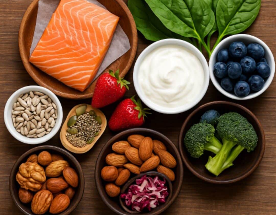 A spread of brain-healthy foods like berries, salmon, nuts, and leafy greens on a kitchen counter
