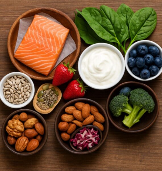 A spread of brain-healthy foods like berries, salmon, nuts, and leafy greens on a kitchen counter