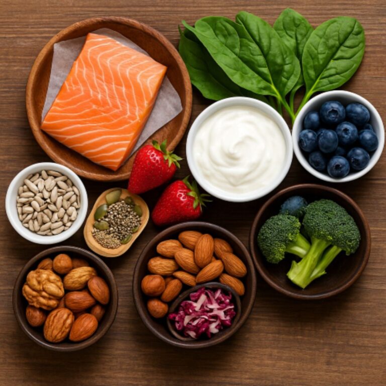 A spread of brain-healthy foods like berries, salmon, nuts, and leafy greens on a kitchen counter