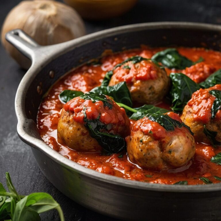 Juicy chicken meatballs in a bright garlic tomato sauce served over sautéed spinach in a white ceramic bowl.