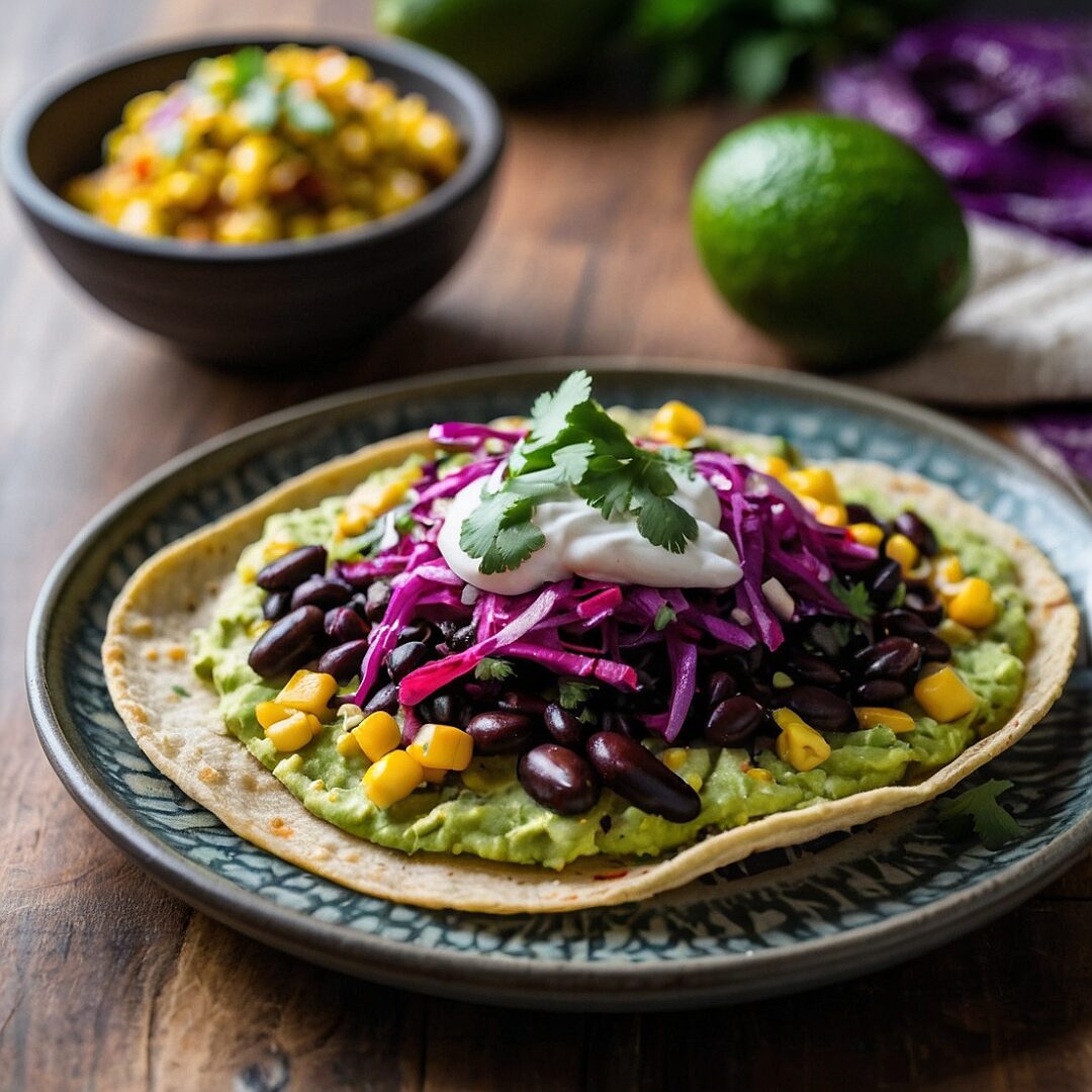 Smashed avocado tostadas topped with black beans, colorful corn and red cabbage slaw, and a drizzle of creamy chipotle crema on a plate.