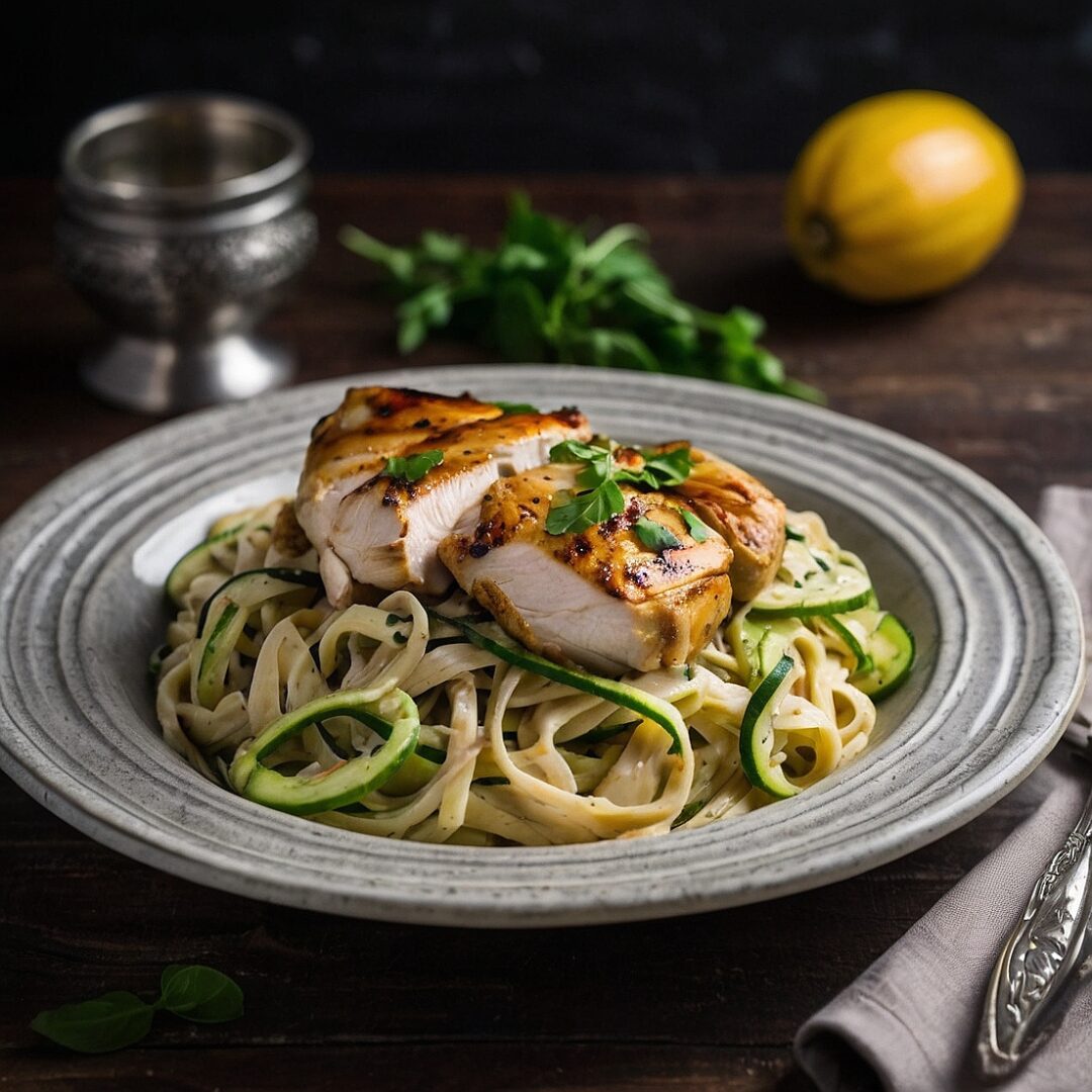 A plate of zucchini noodle Alfredo topped with roasted chicken and fresh herbs