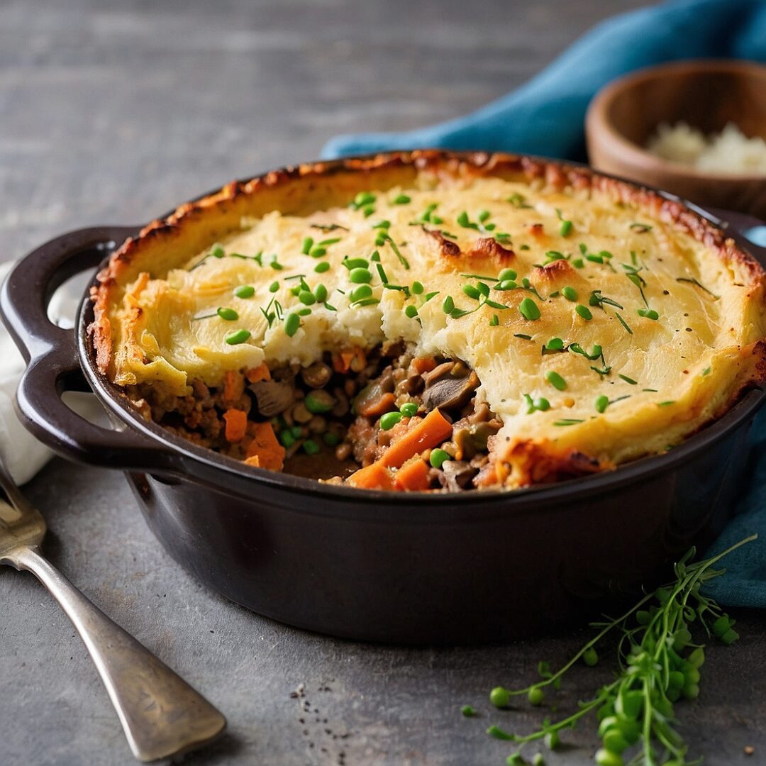 A golden-baked lentil and mushroom shepherd’s pie with a sweet potato topping