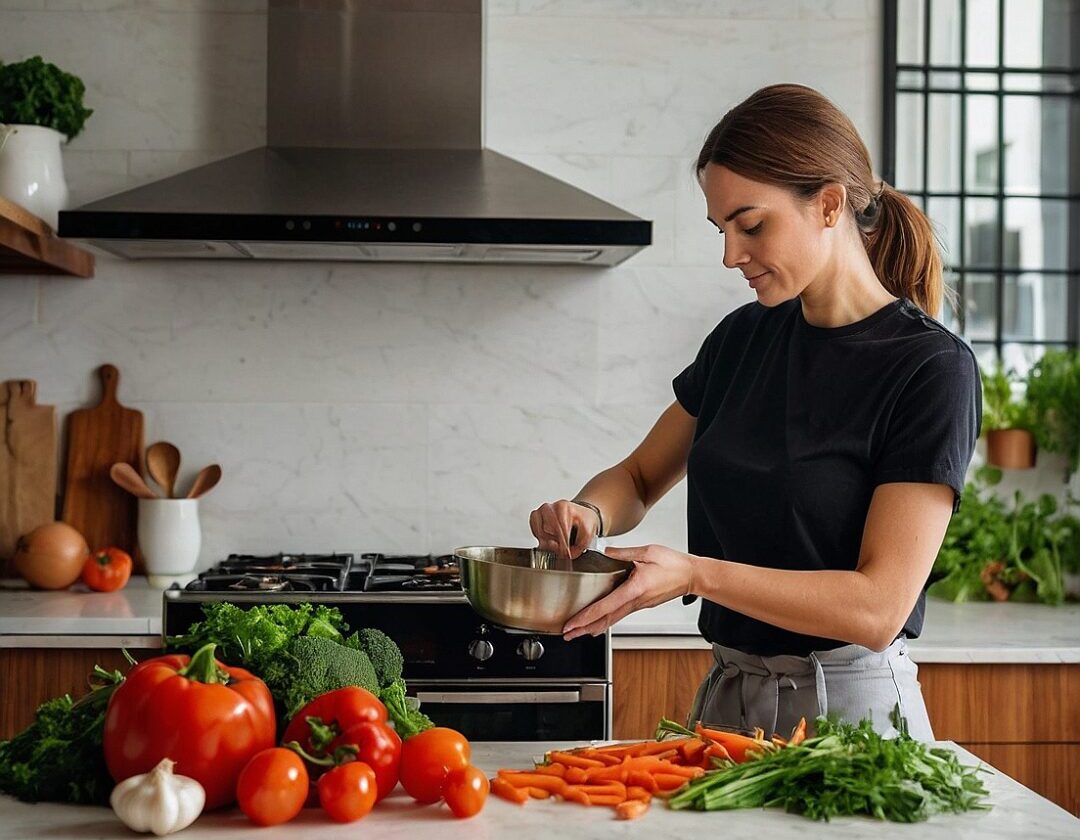 Woman cooking a healthy low-sodium meal with vegetables and herbs in a bright kitchen.