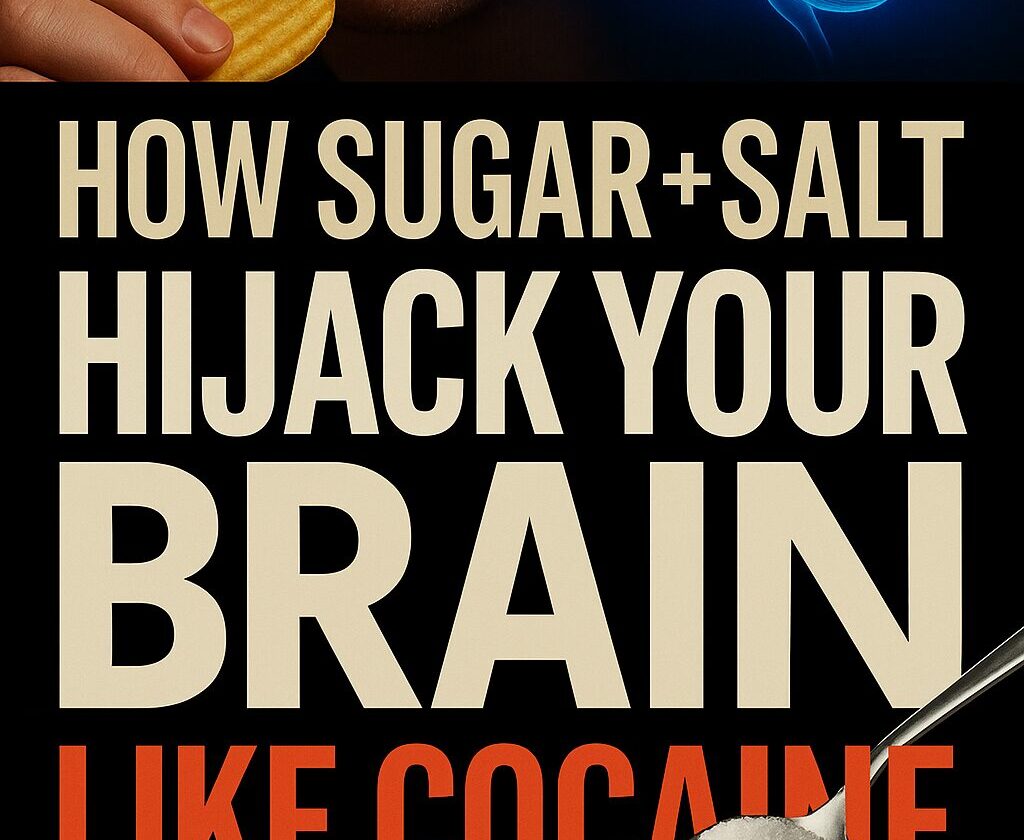 A bold digital graphic illustrating sugar and salt triggering addictive brain activity, highlighting the similarity to cocaine addiction pathways.