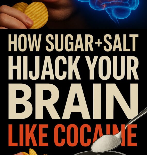 A bold digital graphic illustrating sugar and salt triggering addictive brain activity, highlighting the similarity to cocaine addiction pathways.