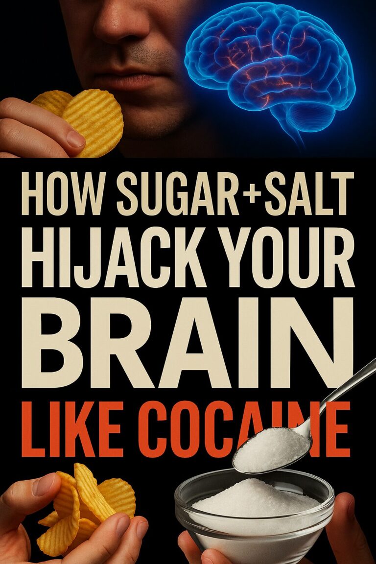 A bold digital graphic illustrating sugar and salt triggering addictive brain activity, highlighting the similarity to cocaine addiction pathways.