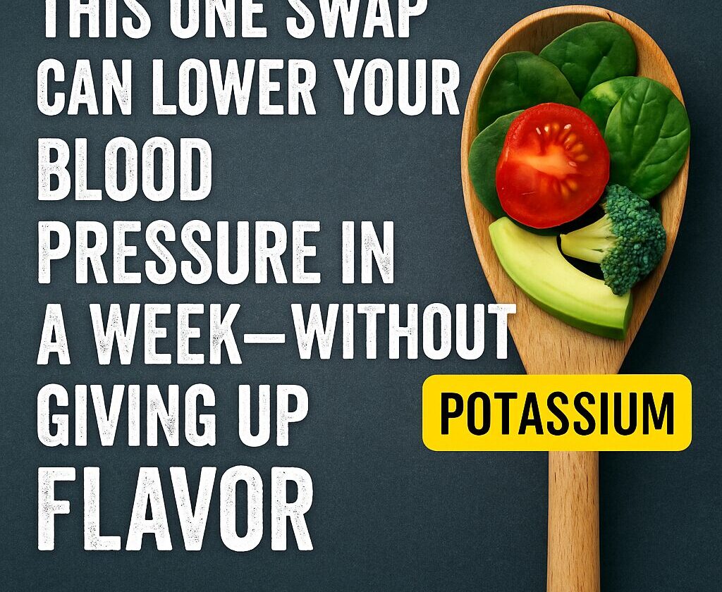 Digital health graphic comparing sodium-heavy processed foods to potassium-rich whole food swaps that support healthy blood pressure.