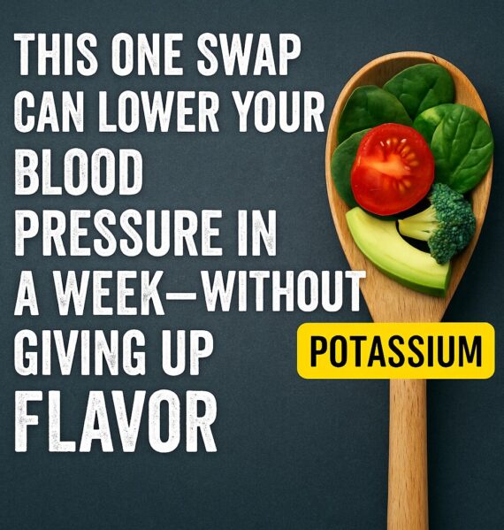 Digital health graphic comparing sodium-heavy processed foods to potassium-rich whole food swaps that support healthy blood pressure.
