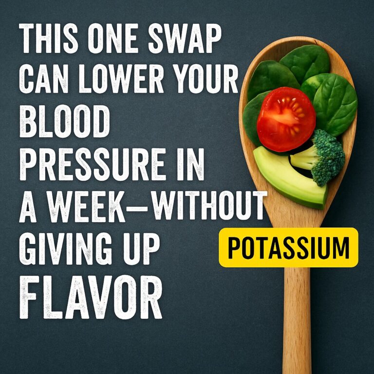 Digital health graphic comparing sodium-heavy processed foods to potassium-rich whole food swaps that support healthy blood pressure.