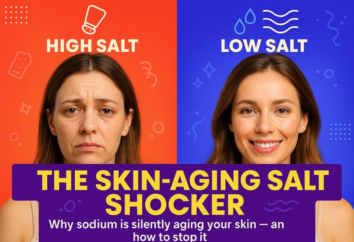 Split-screen image of a woman with dull skin on high-salt diet versus glowing skin on low-salt diet, illustrating the impact of sodium on skin health.