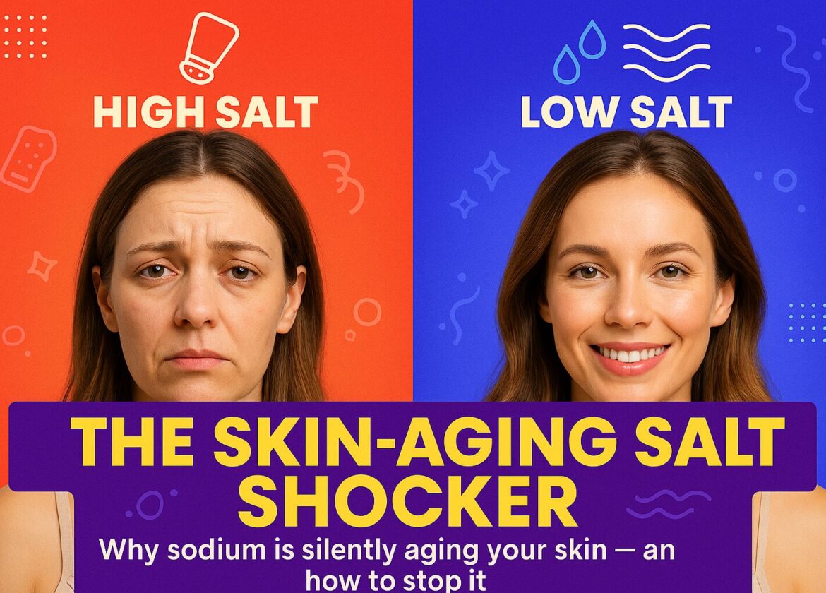 Split-screen image of a woman with dull skin on high-salt diet versus glowing skin on low-salt diet, illustrating the impact of sodium on skin health.