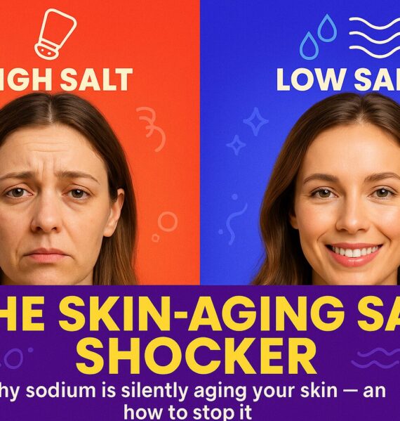 Split-screen image of a woman with dull skin on high-salt diet versus glowing skin on low-salt diet, illustrating the impact of sodium on skin health.