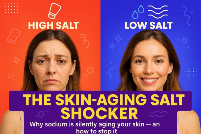 Split-screen image of a woman with dull skin on high-salt diet versus glowing skin on low-salt diet, illustrating the impact of sodium on skin health.