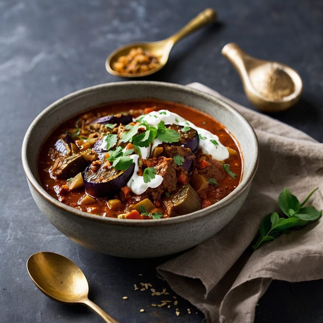 Moroccan-Spiced Beef & Eggplant Stew topped with herbed yogurt drizzle served in a rustic bowl