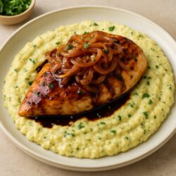 Low-sodium balsamic glazed chicken breast with caramelized shallots and creamy herbed polenta