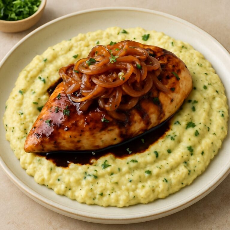 Low-sodium balsamic glazed chicken breast with caramelized shallots and creamy herbed polenta