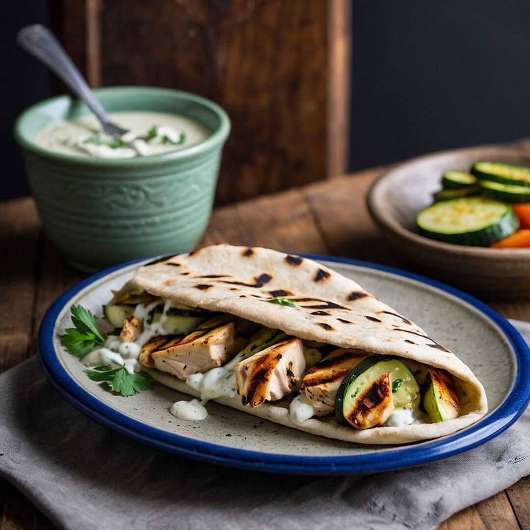 Low sodium grilled chicken and zucchini pita wrap with fresh herbed yogurt sauce