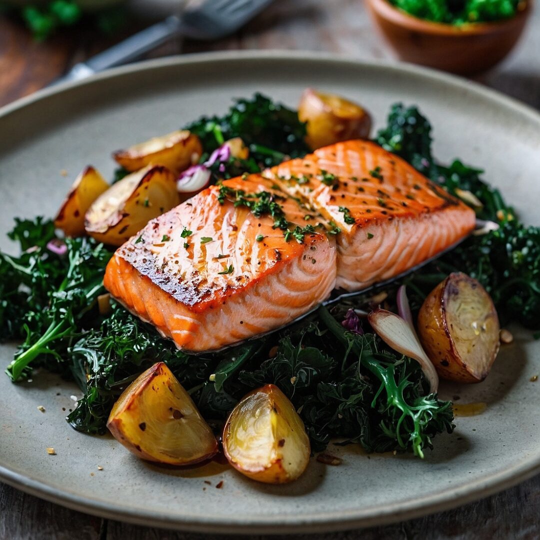 Low-sodium lemon-thyme salmon with garlic roasted potatoes and sautéed kale on a plate