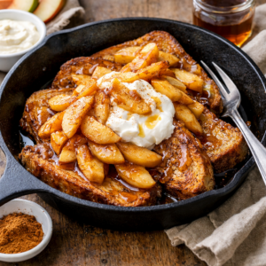 French toast skillet topped with cinnamon apples and vanilla yogurt custard