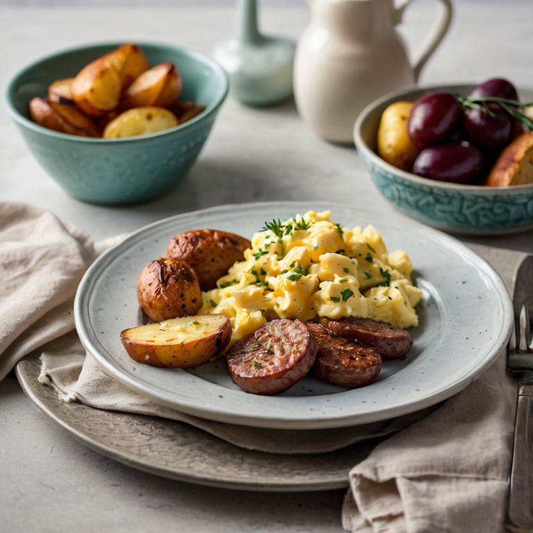 Creamy soft-scrambled eggs with turkey sausage and crispy potatoes on a plate