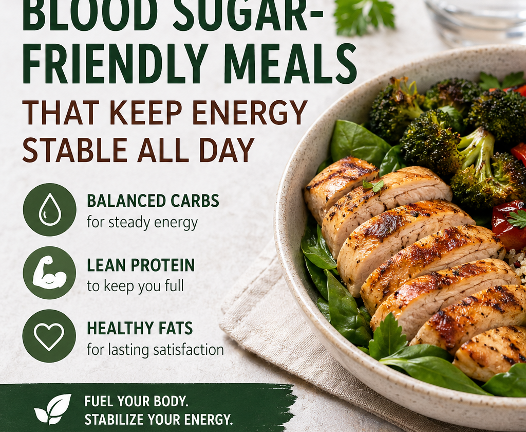 Blood sugar friendly meal with chicken, vegetables, healthy fats, and balanced carbs for stable energy