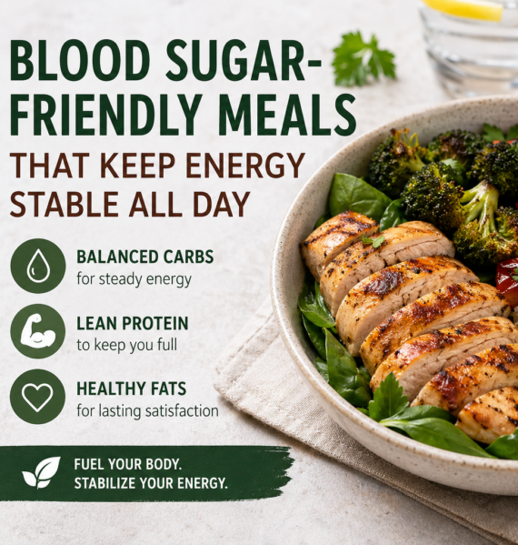 Blood sugar friendly meal with chicken, vegetables, healthy fats, and balanced carbs for stable energy