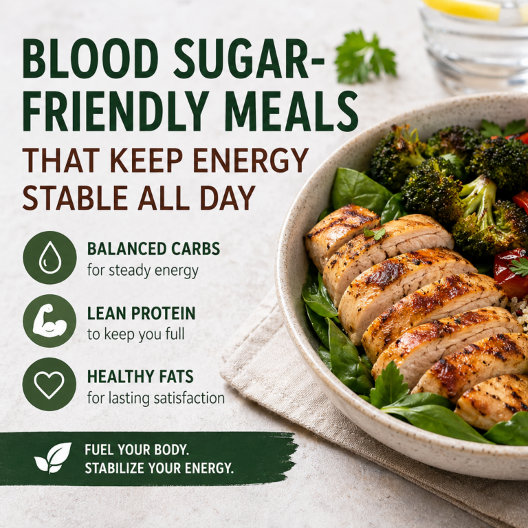 Blood sugar friendly meal with chicken, vegetables, healthy fats, and balanced carbs for stable energy