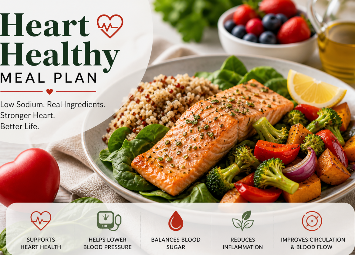 Heart healthy meal plan with low sodium salmon, quinoa, and vegetables supporting blood pressure and circulation